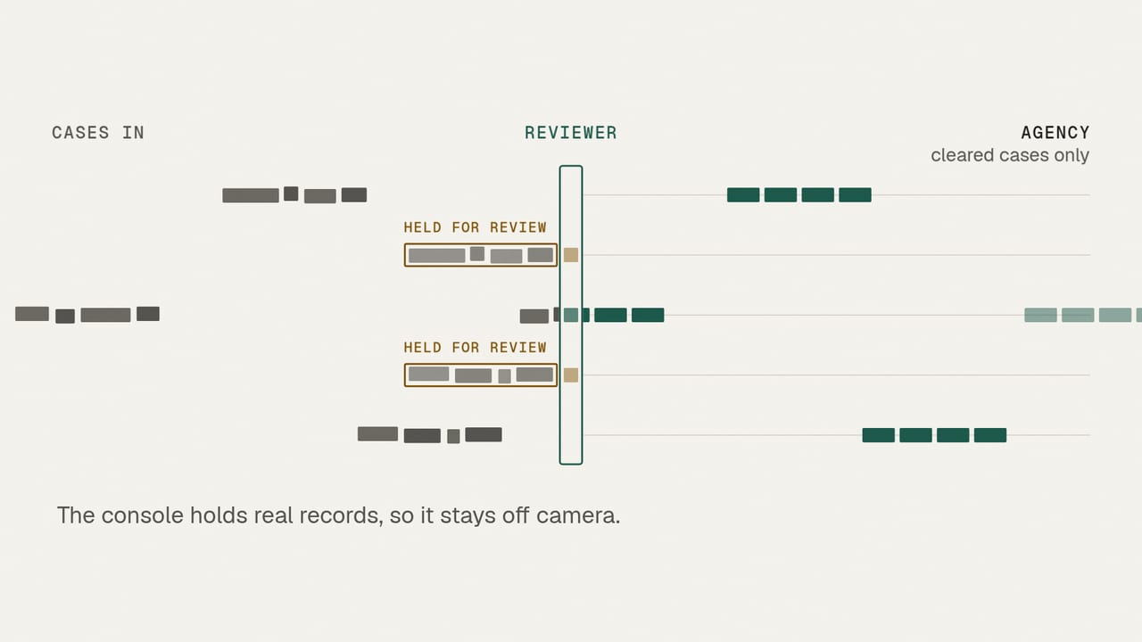 A drawing of the review gate: flagged cases wait for a reviewer, and only the cleared cases go on to the agency.
